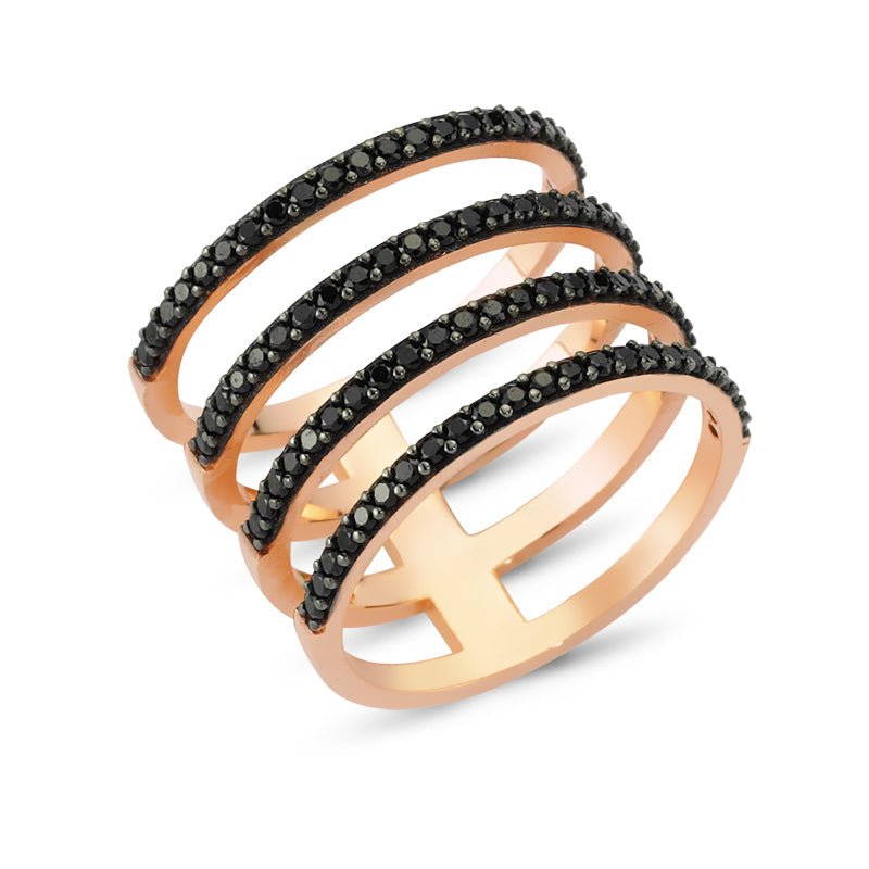 Black Dainty Four Multi Band Silver Stacked Ring with black CZ crystals, showcasing a stylish and elegant design.