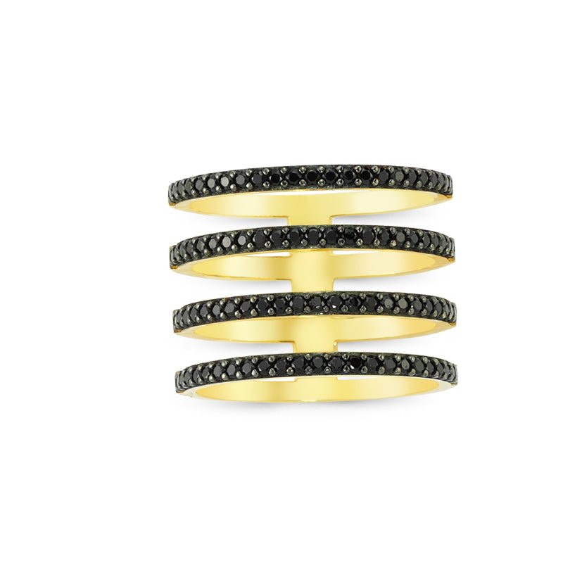 Black Dainty Four Multi Band Silver Stacked Ring with black CZ crystals, showcasing a stylish and elegant design.