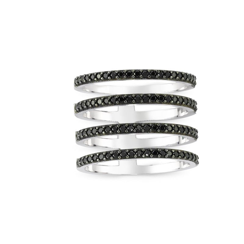 Black Dainty Four Multi Band Silver Stacked Ring with black CZ crystals, showcasing a stylish and elegant design.