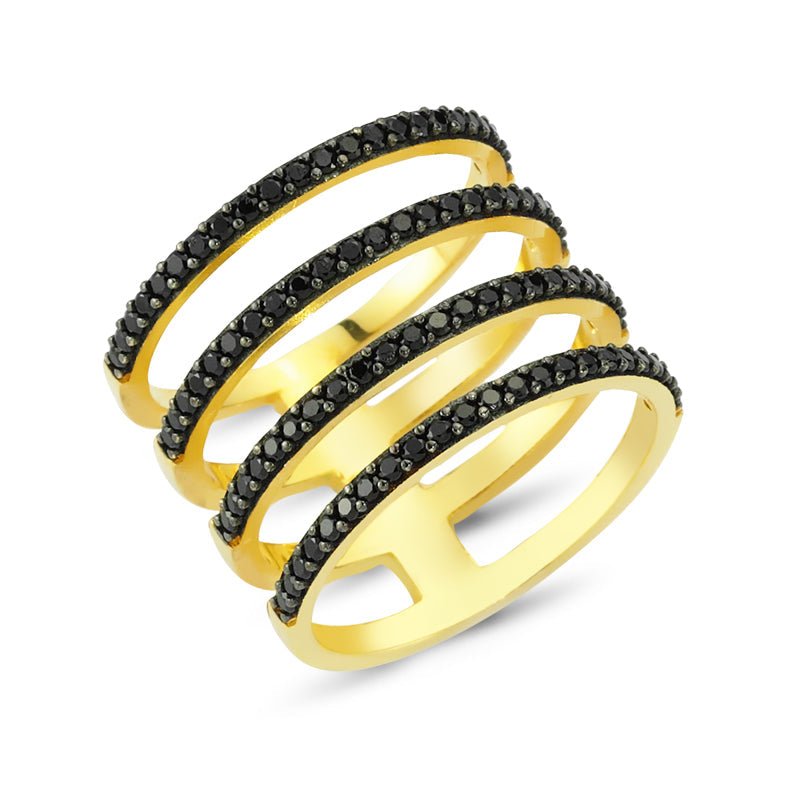 Black Dainty Four Multi Band Silver Stacked Ring with black CZ crystals, showcasing a stylish and elegant design.