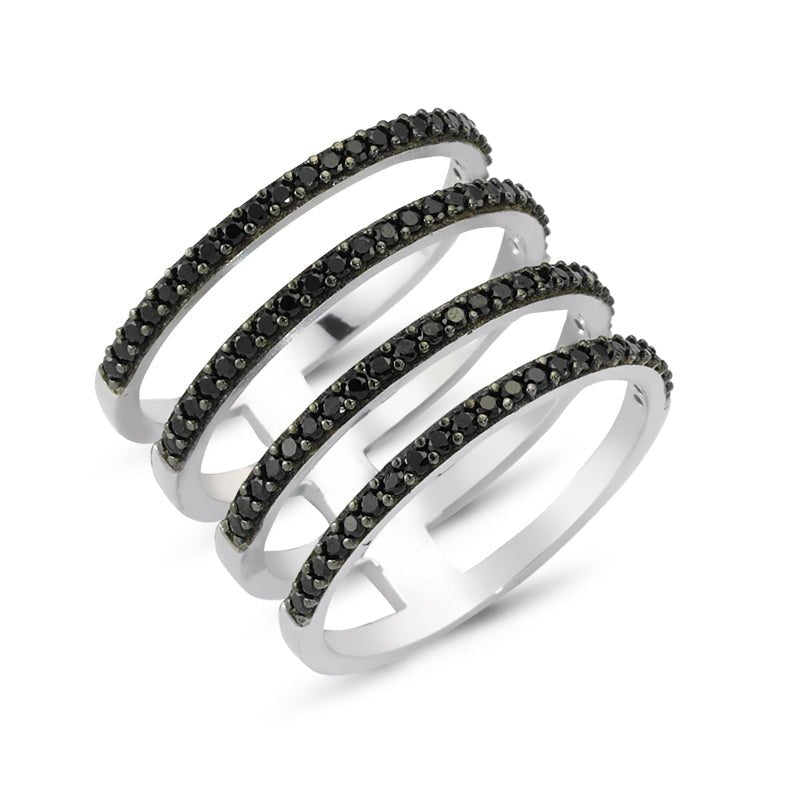 Black Dainty Four Multi Band Silver Stacked Ring with black CZ crystals, showcasing a stylish and elegant design.