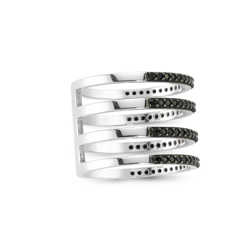 Black Dainty Four Multi Band Silver Stacked Ring with black CZ crystals, showcasing a stylish and elegant design.