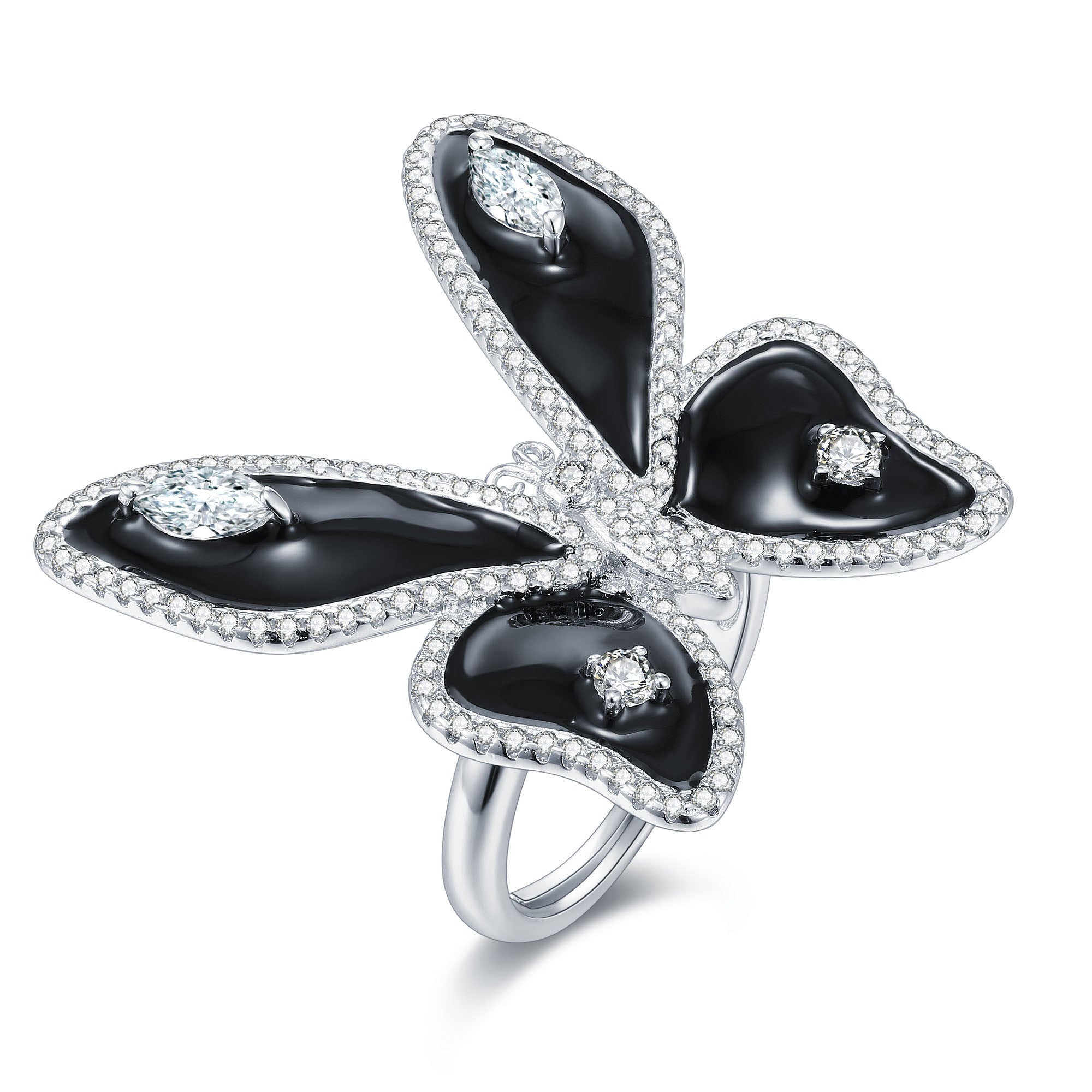 A stunning black enamel butterfly ring made of 925 sterling silver with white gold finish and a white sapphire gemstone.