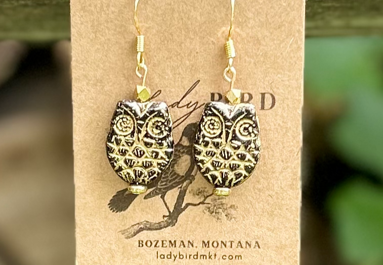 Elegant Black & Gold Etched Czech Glass Owl Earrings featuring polished owl pendants with intricate gold etching.