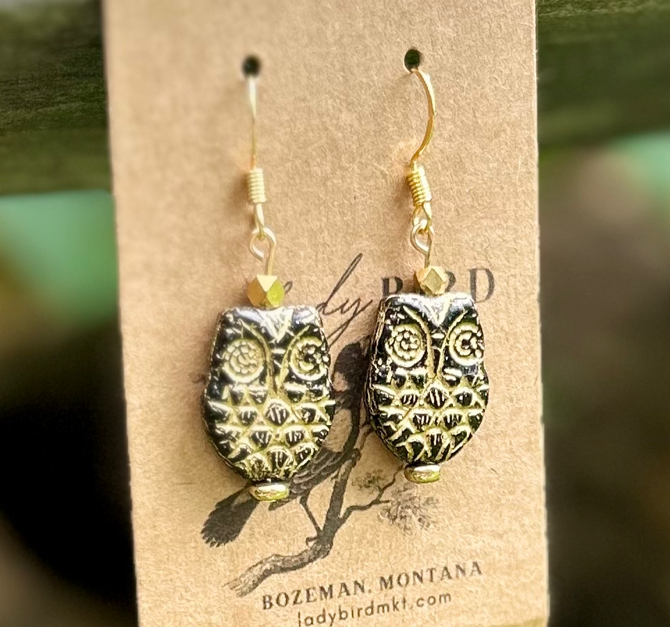 Elegant Black & Gold Etched Czech Glass Owl Earrings featuring polished owl pendants with intricate gold etching.