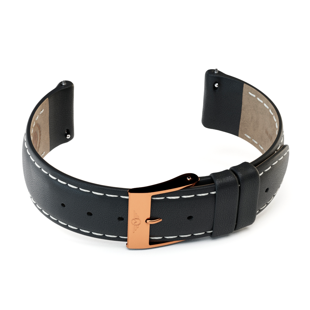 Black leather watch strap with rose gold gloss fittings, showcasing premium craftsmanship and elegant design.