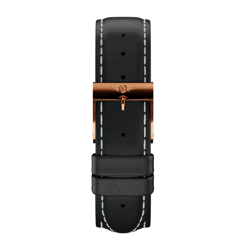 Black leather watch strap with rose gold gloss fittings, showcasing premium craftsmanship and elegant design.