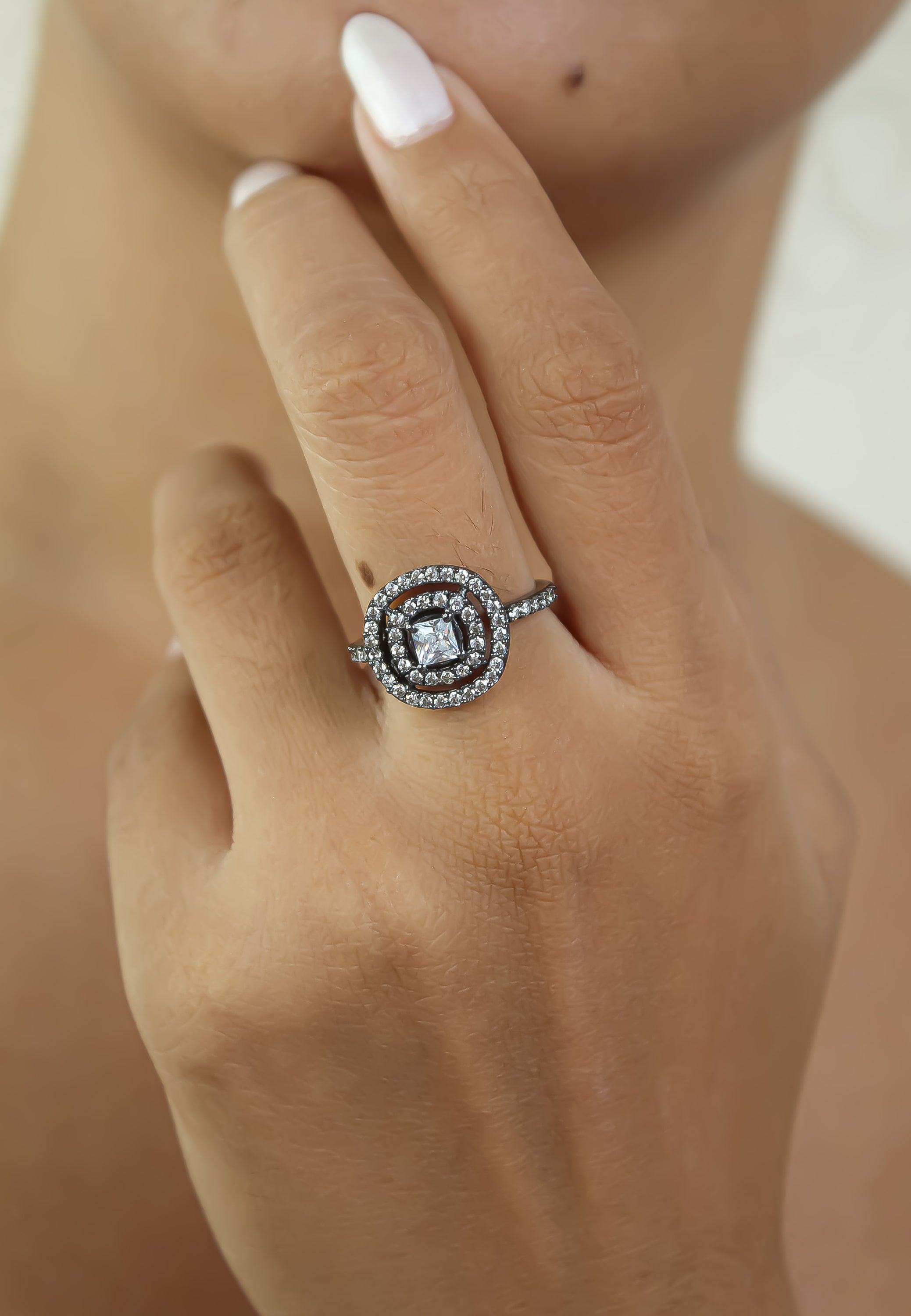 Elegant Black Maldives Ring featuring 57 zirconia stones, ruthenium plated, adjustable size, and sustainable craftsmanship.