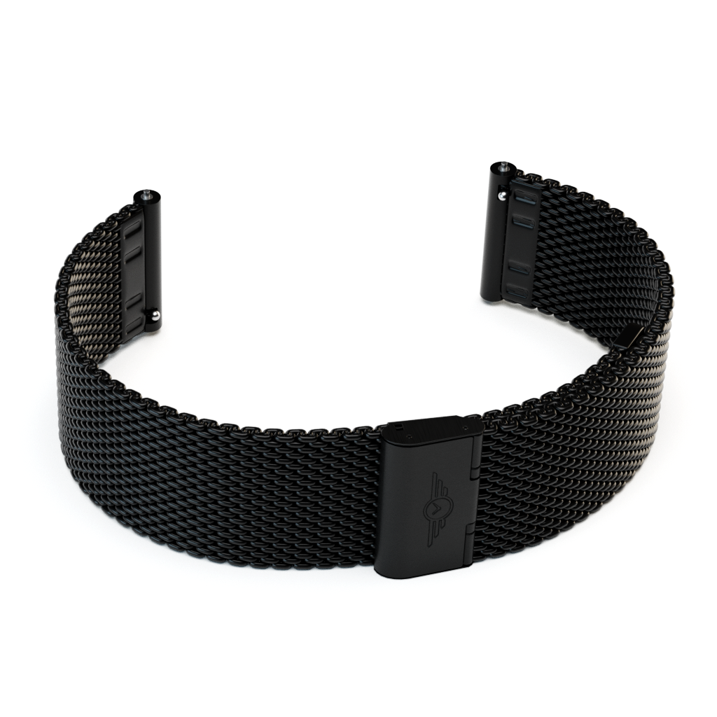 Black Mesh Strap made from 316L stainless steel, featuring a sleek design and adjustable length.