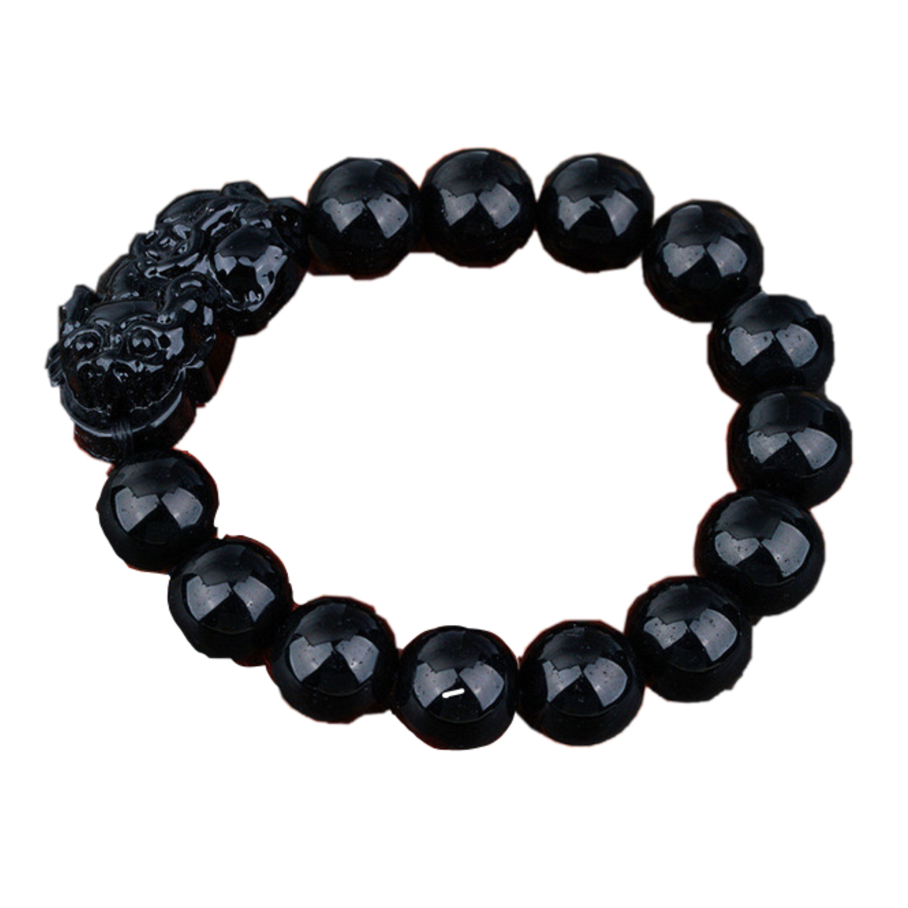 Black Obsidian Pixiu Bracelet featuring 10 mm beads and a Pixiu amulet, symbolizing wealth protection.