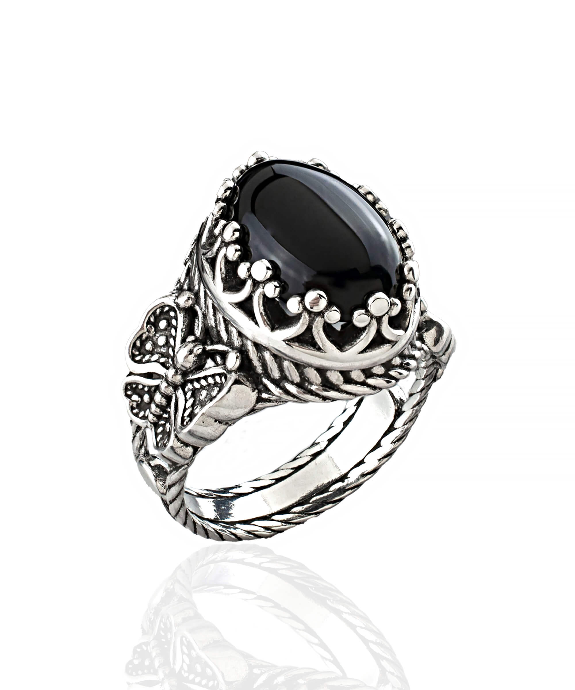 Elegant Black Onyx Gemstone Filigree Art Double Butterfly Ring in 925 sterling silver, showcasing intricate butterfly detailing.