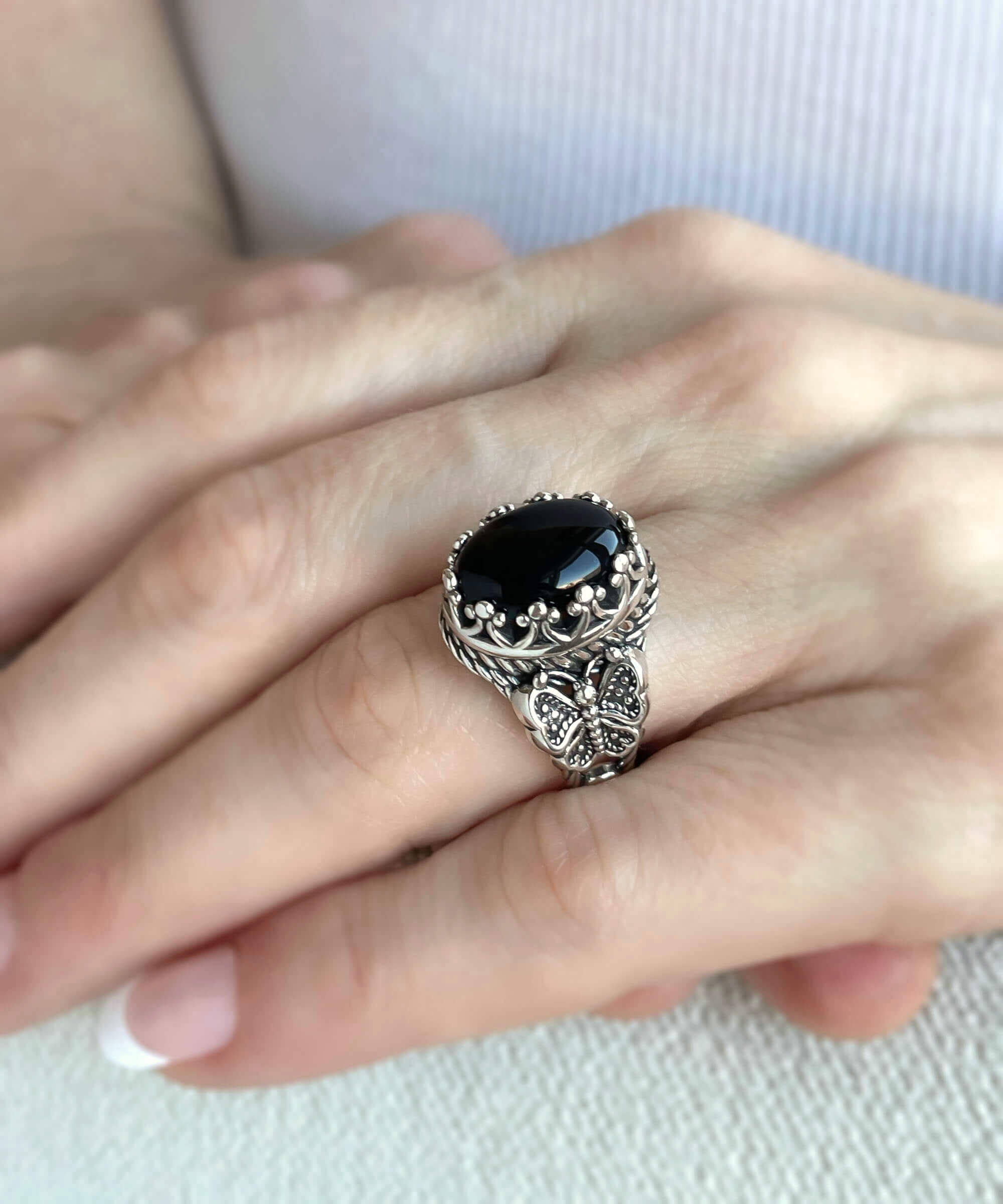 Elegant Black Onyx Gemstone Filigree Art Double Butterfly Ring in 925 sterling silver, showcasing intricate butterfly detailing.