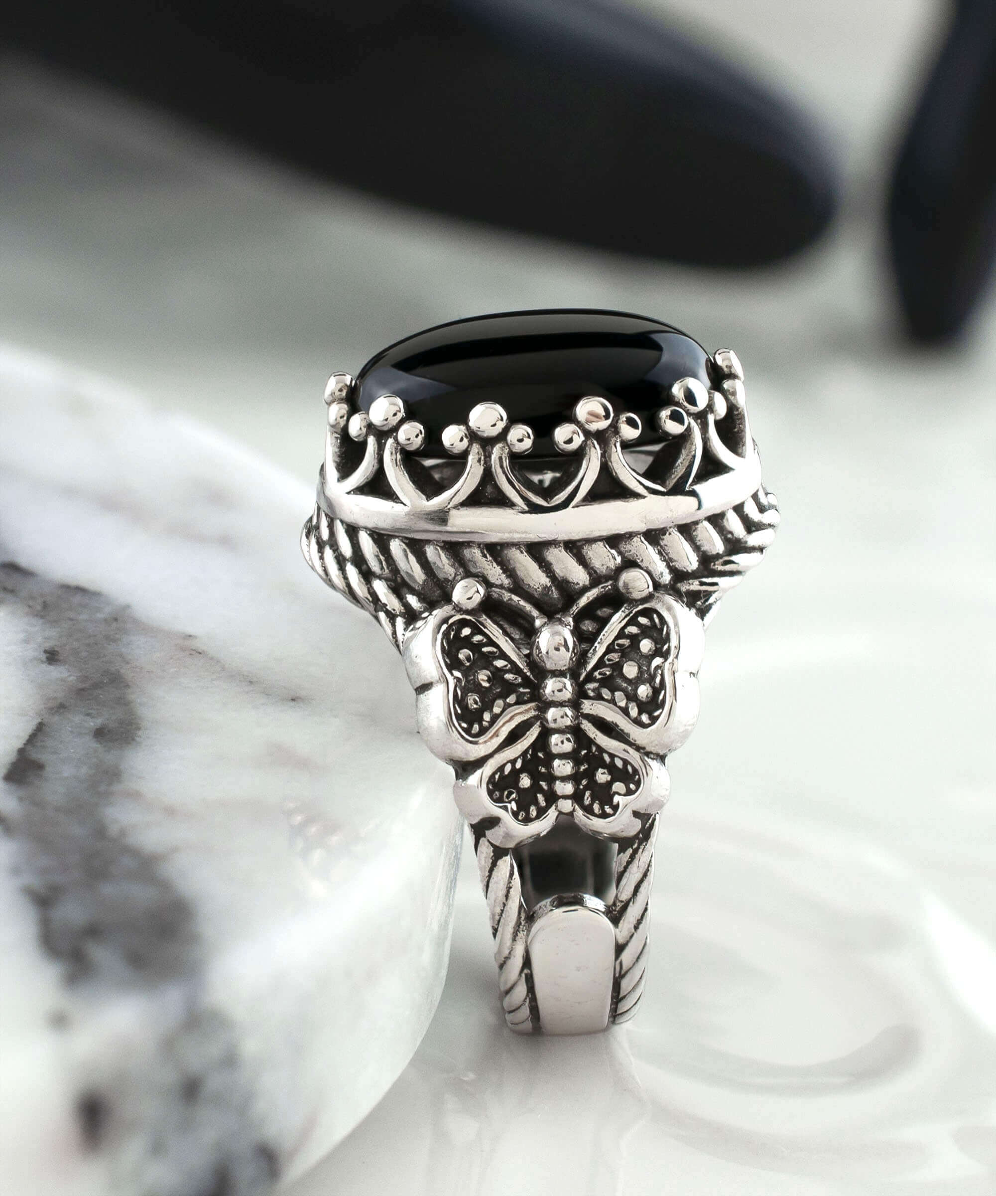 Elegant Black Onyx Gemstone Filigree Art Double Butterfly Ring in 925 sterling silver, showcasing intricate butterfly detailing.