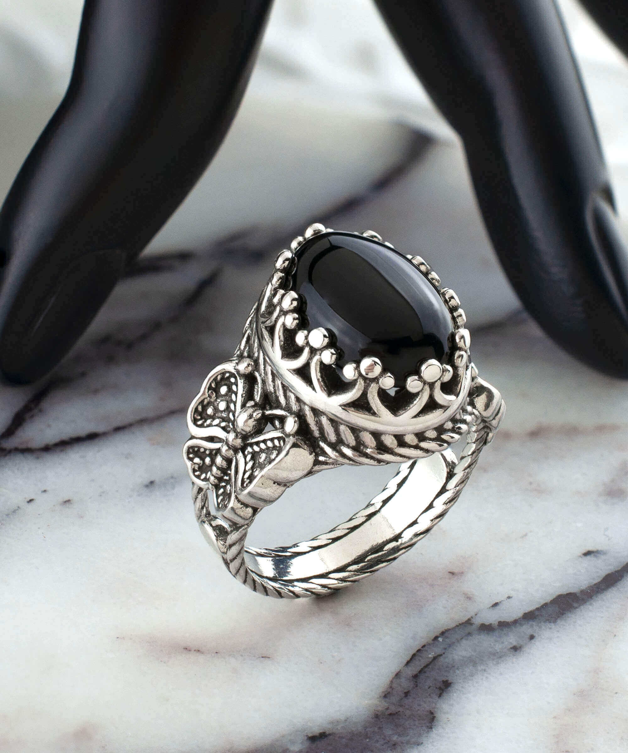 Elegant Black Onyx Gemstone Filigree Art Double Butterfly Ring in 925 sterling silver, showcasing intricate butterfly detailing.