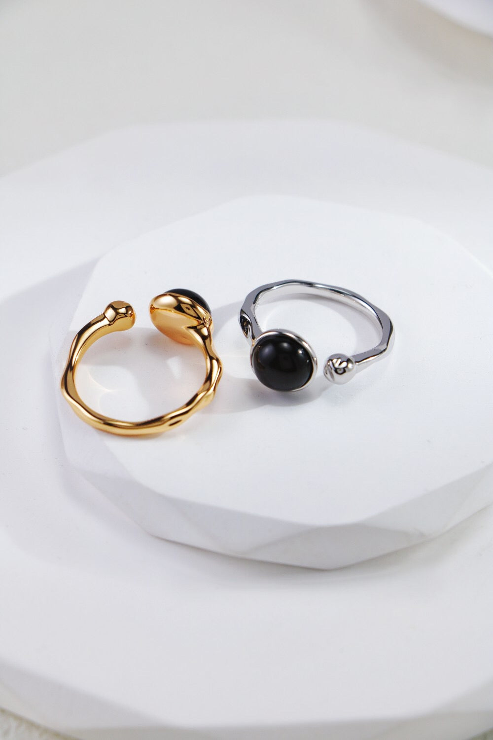 A stunning Black Onyx Open Ring featuring a gold vermeil band, showcasing its elegant design and craftsmanship.