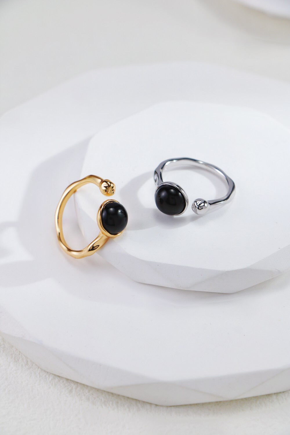 A stunning Black Onyx Open Ring featuring a gold vermeil band, showcasing its elegant design and craftsmanship.