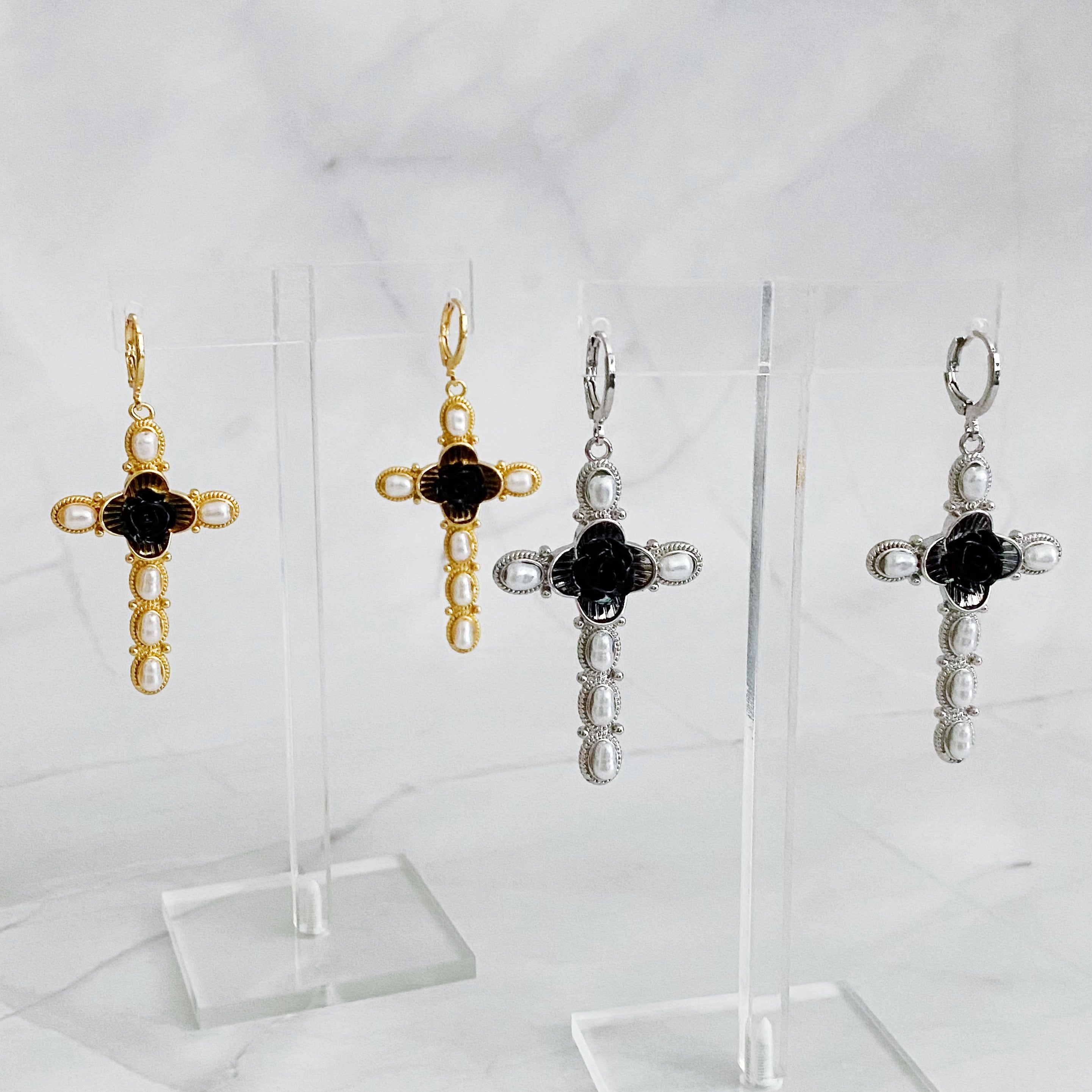 Elegant Black Rose Cross Earrings featuring pearls and gold plating, perfect for stylish outfits.