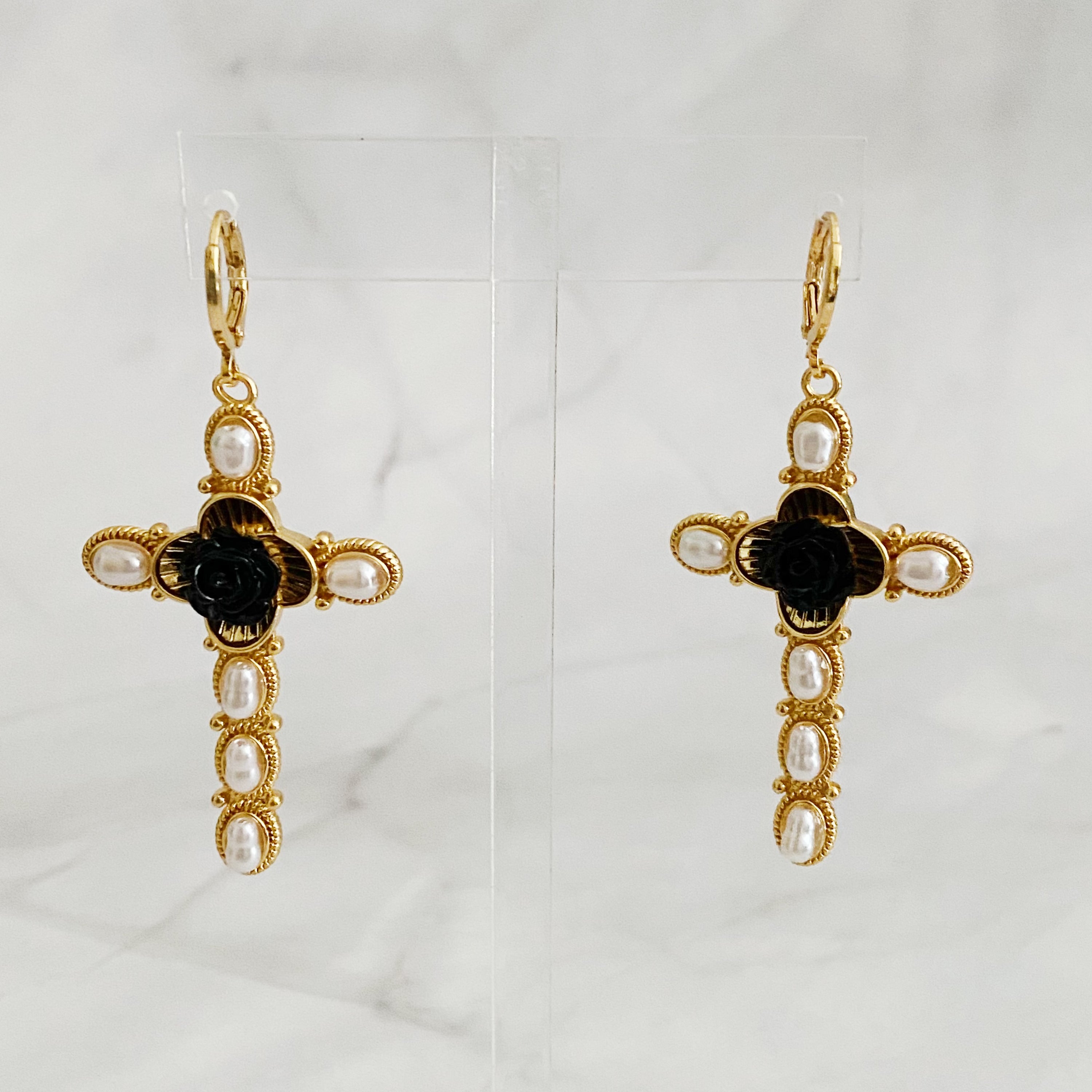 Elegant Black Rose Cross Earrings featuring pearls and gold plating, perfect for stylish outfits.