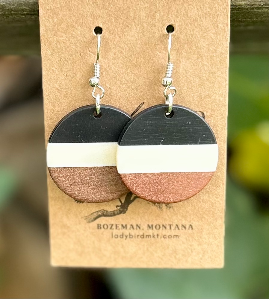 Black, White & Wood Striped Resin Circle Earrings showcasing unique wood grain and resin stripes.