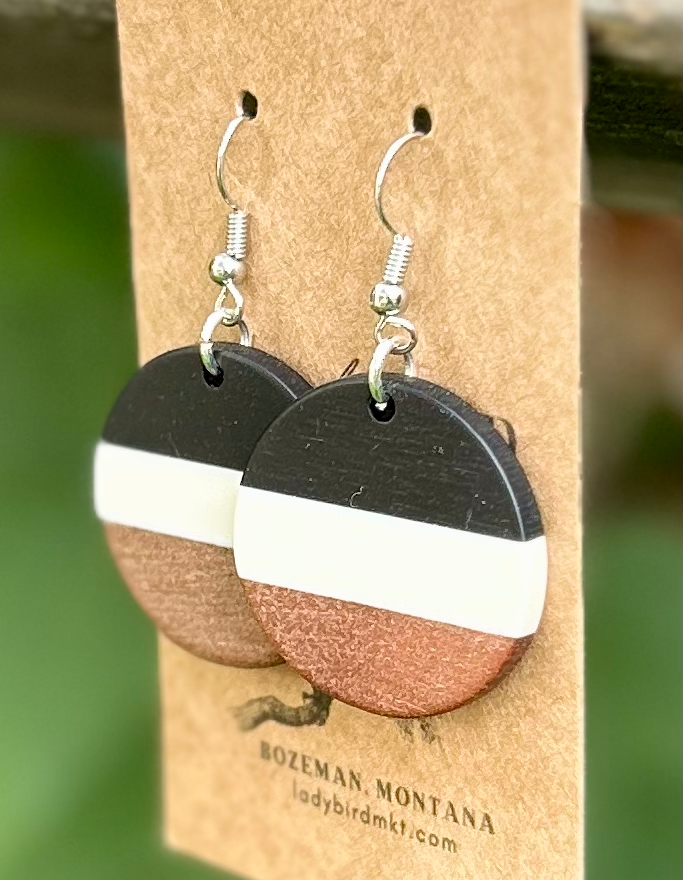 Black, White & Wood Striped Resin Circle Earrings showcasing unique wood grain and resin stripes.