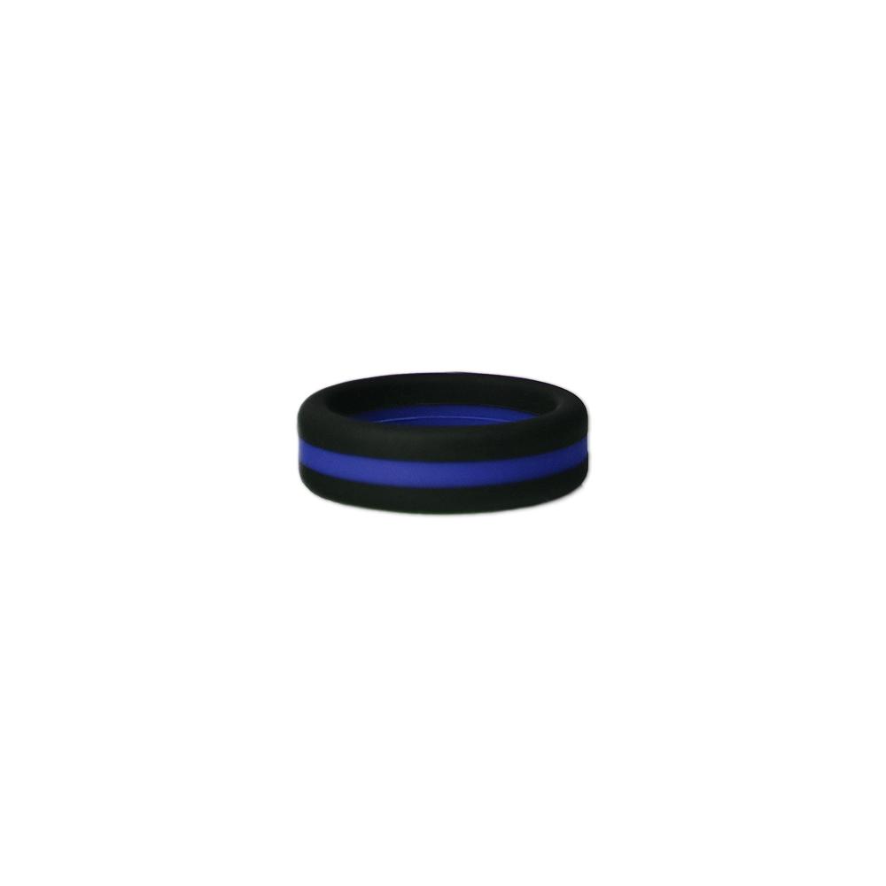 Black and blue striped silicone ring designed for comfort and durability, perfect for sports fans.