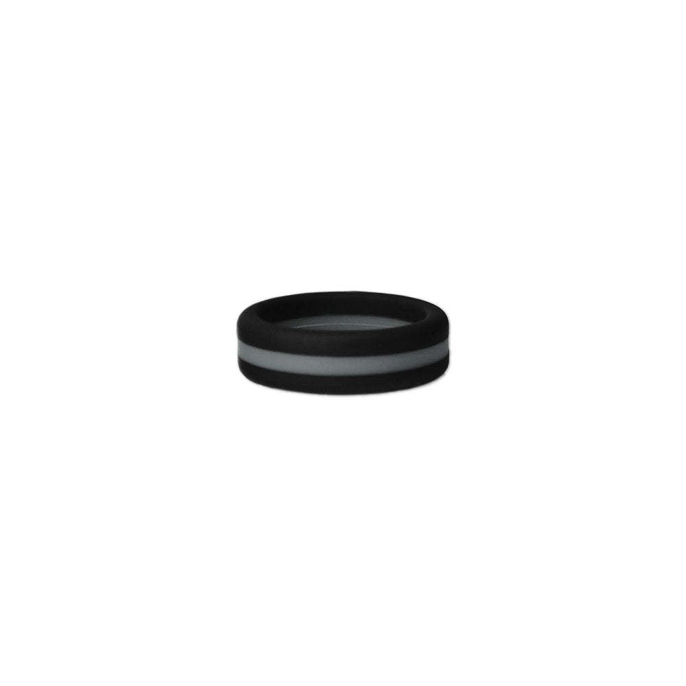 Black and grey striped silicone ring designed for comfort and durability, perfect for sports fans and active lifestyles.