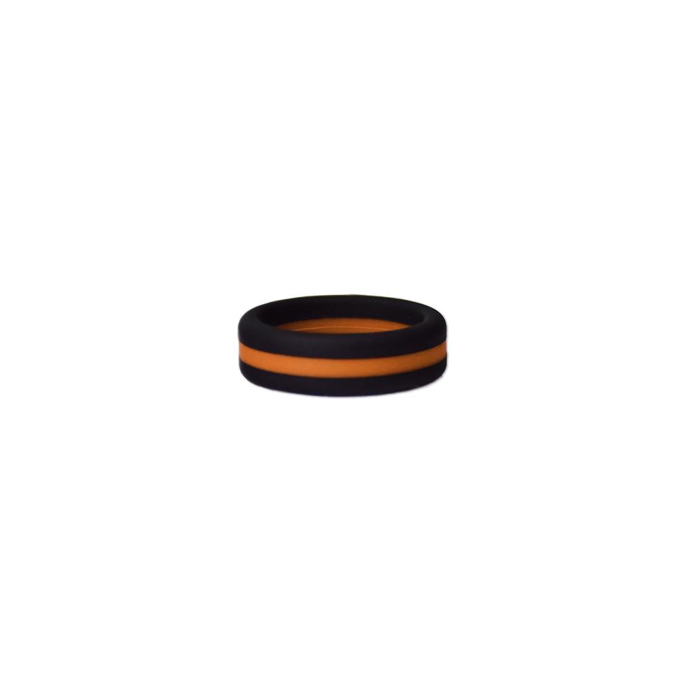 Black and orange striped silicone ring designed for comfort and durability, perfect for sports fans and active lifestyles.