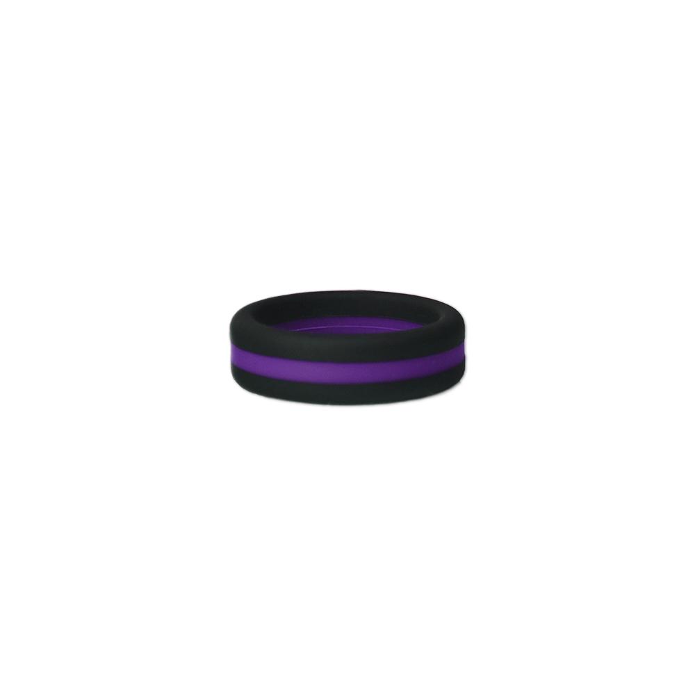 Black and purple striped silicone ring designed for comfort and durability, perfect for sports fans.