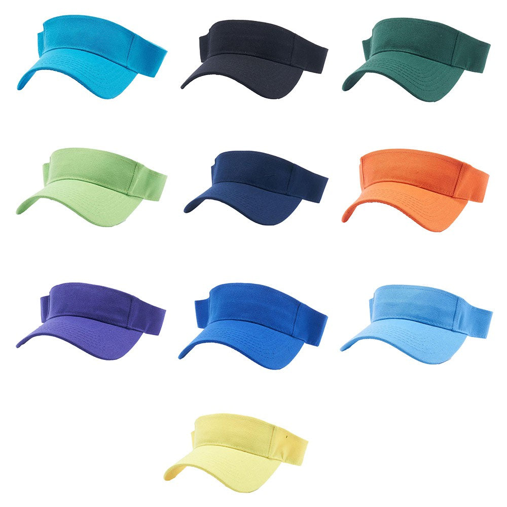 A pack of 6 blank visor hats in various colors, showcasing their curved visor and low-profile design, made from premium acrylic fabric.