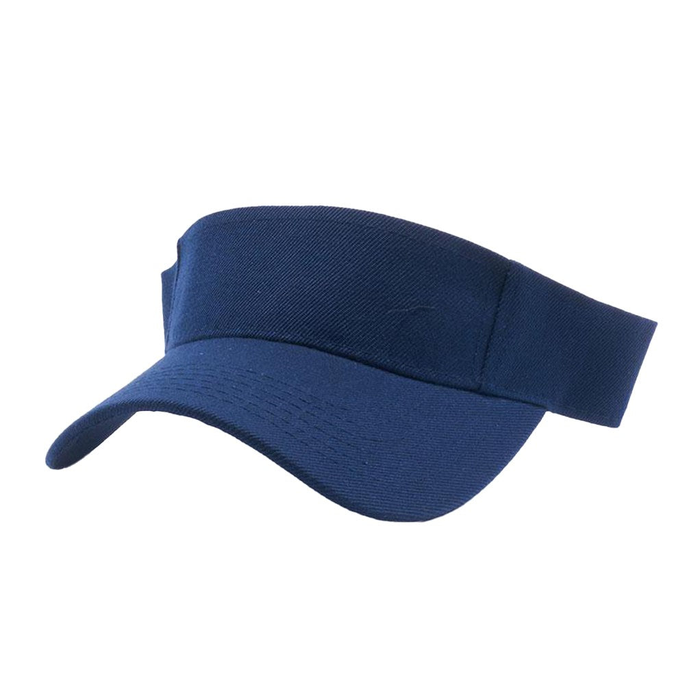 A pack of 6 blank visor hats in various colors, showcasing their curved visor and low-profile design, made from premium acrylic fabric.