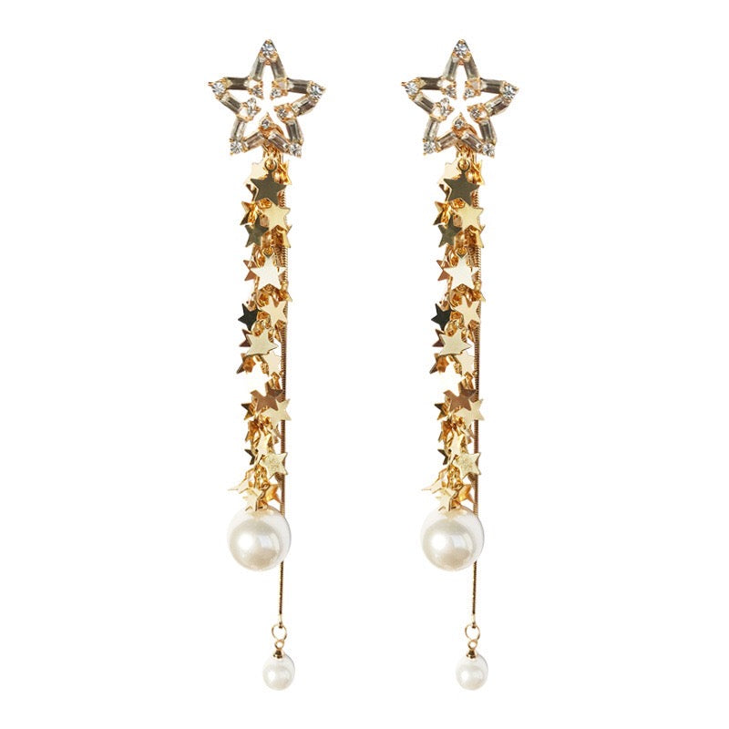 BlingBling Stars Tassel Earrings featuring pearls and 925 silver, showcasing a stylish and elegant design.