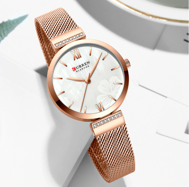 Blith Women's Watch I 551125 with a sleek metal chain strap and simple white dial, available in pink and silver colors.