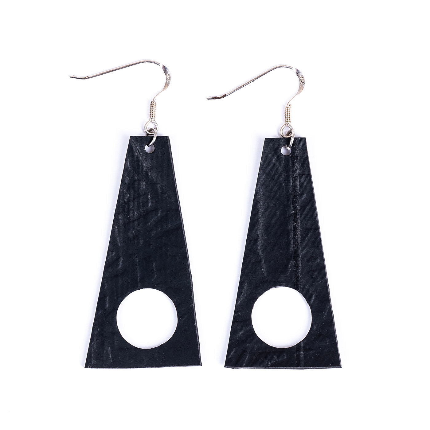 Stylish Block Recycled Rubber Earrings made from reclaimed tyre inner tubes, featuring a geometric design and sterling silver hooks.