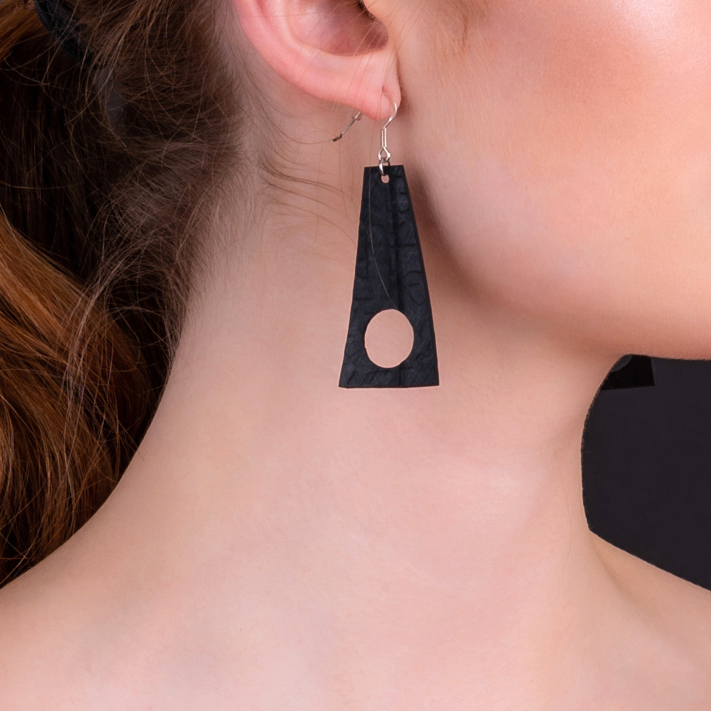 Stylish Block Recycled Rubber Earrings made from reclaimed tyre inner tubes, featuring a geometric design and sterling silver hooks.