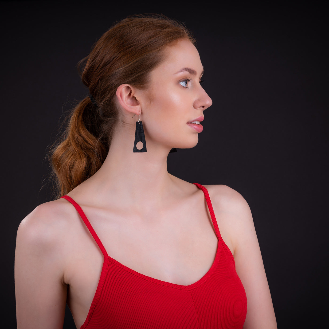 Stylish Block Recycled Rubber Earrings made from reclaimed tyre inner tubes, featuring a geometric design and sterling silver hooks.