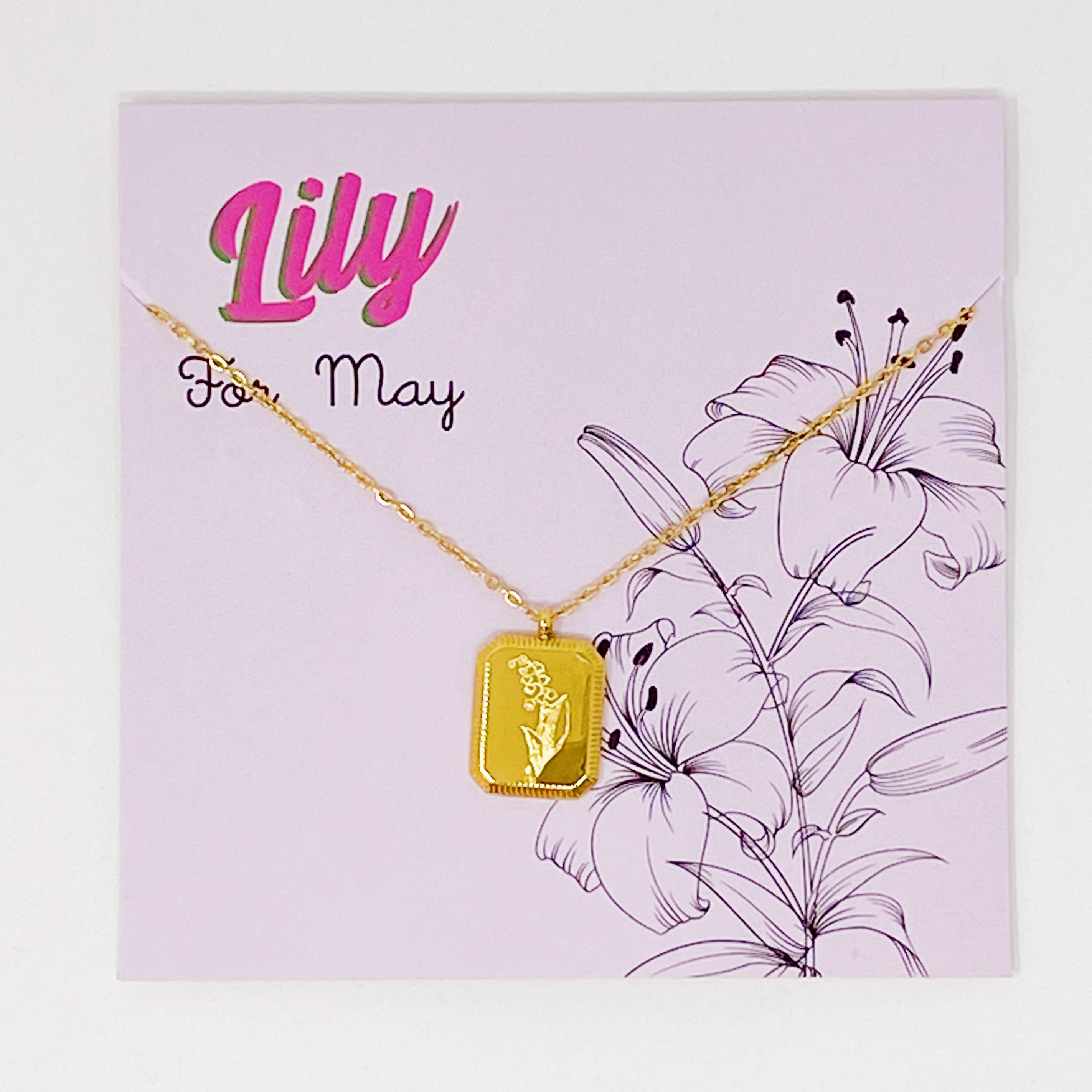 Blooming Birth Month Necklace featuring engraved flowers for each month, gold plated stainless steel with a square pendant and detailed edge finish.