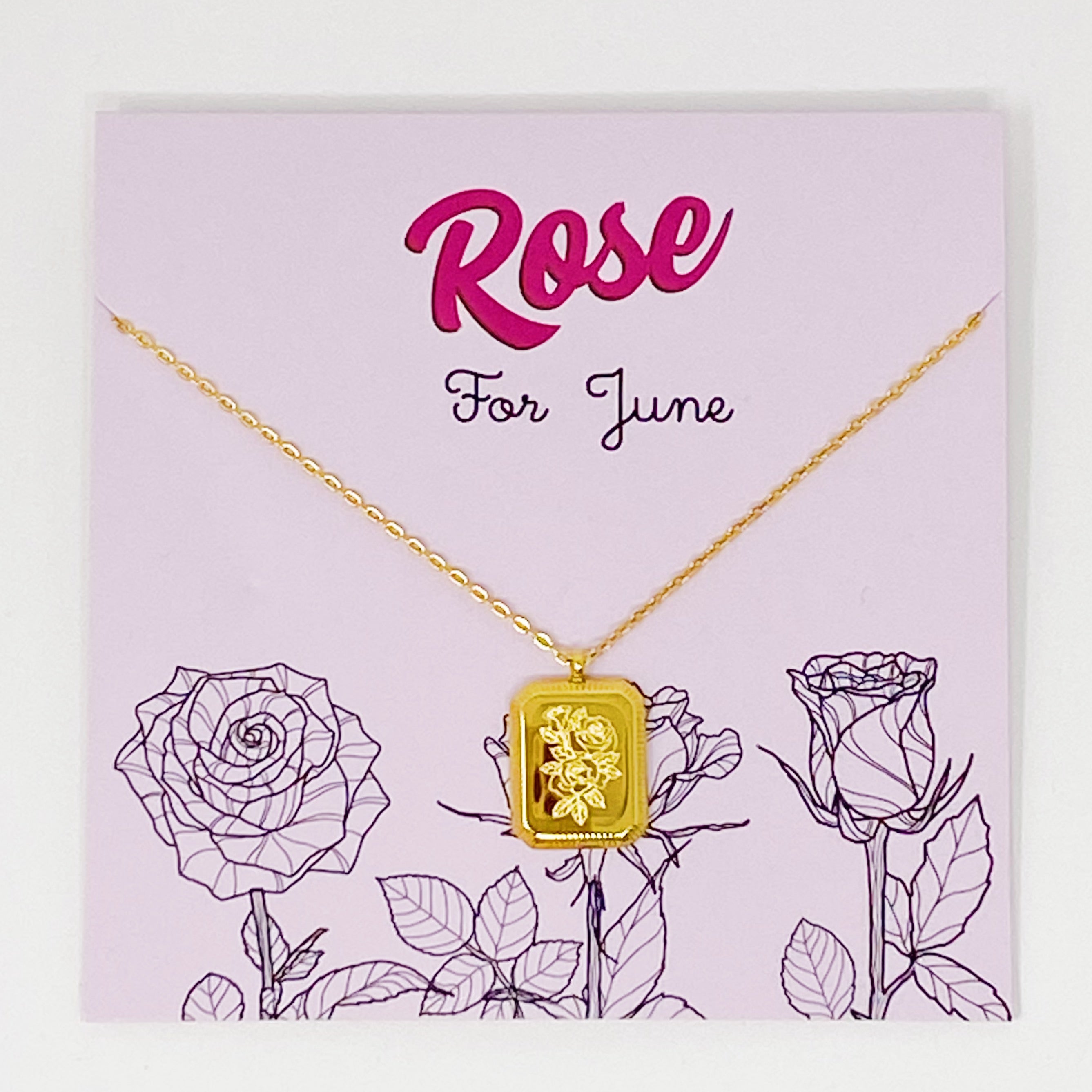 Blooming Birth Month Necklace featuring engraved flowers for each month, gold plated stainless steel with a square pendant and detailed edge finish.