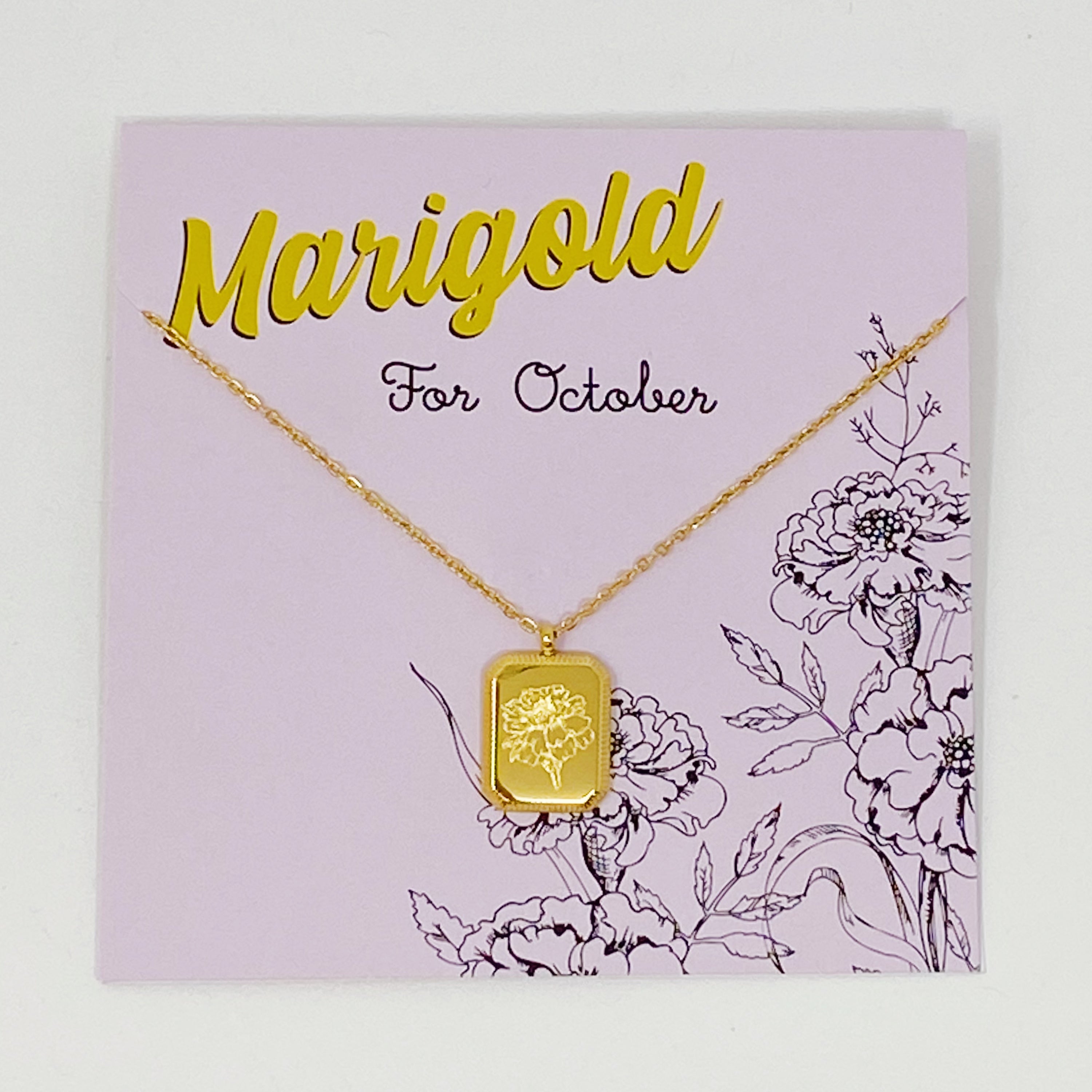 Blooming Birth Month Necklace featuring engraved flowers for each month, gold plated stainless steel with a square pendant and detailed edge finish.