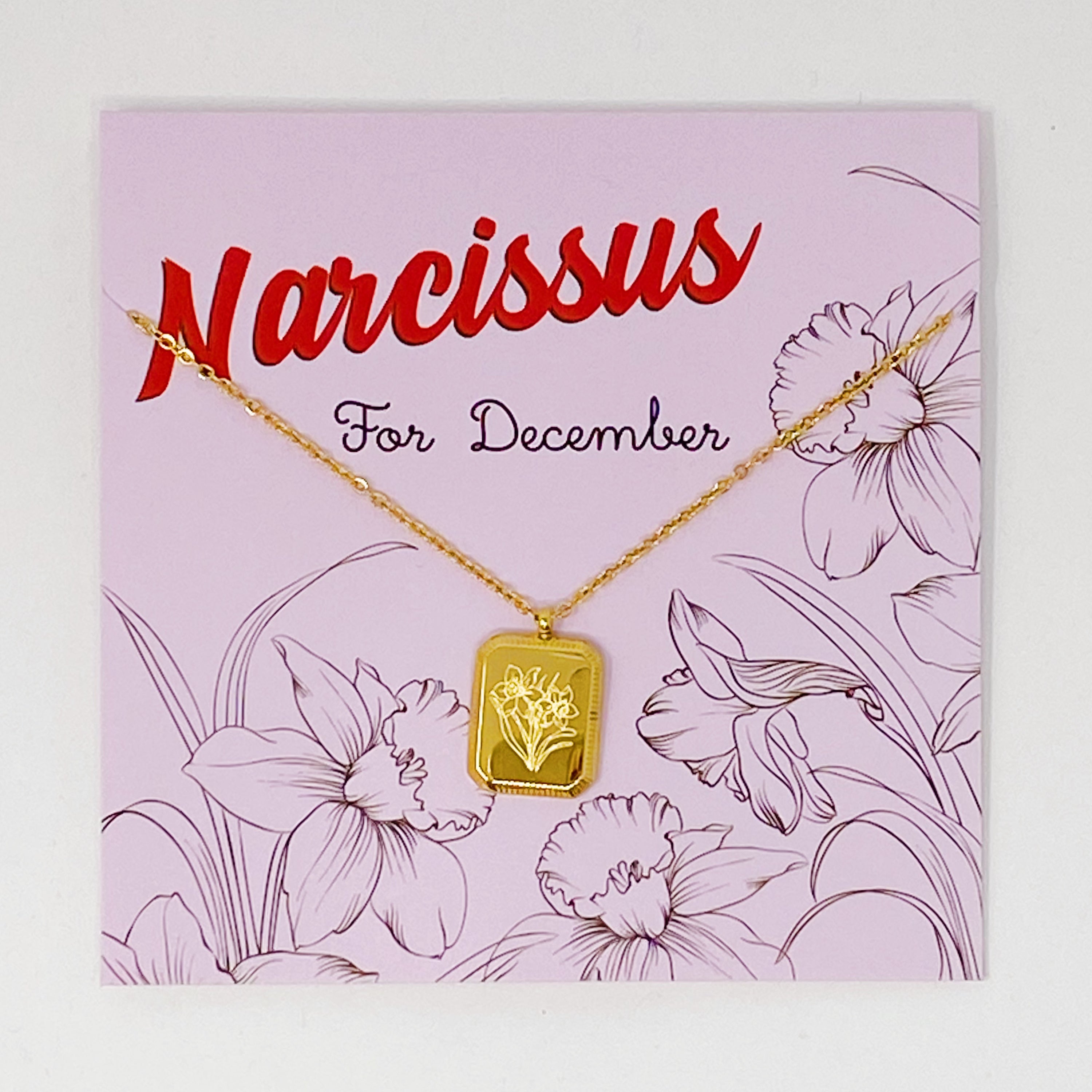 Blooming Birth Month Necklace featuring engraved flowers for each month, gold plated stainless steel with a square pendant and detailed edge finish.