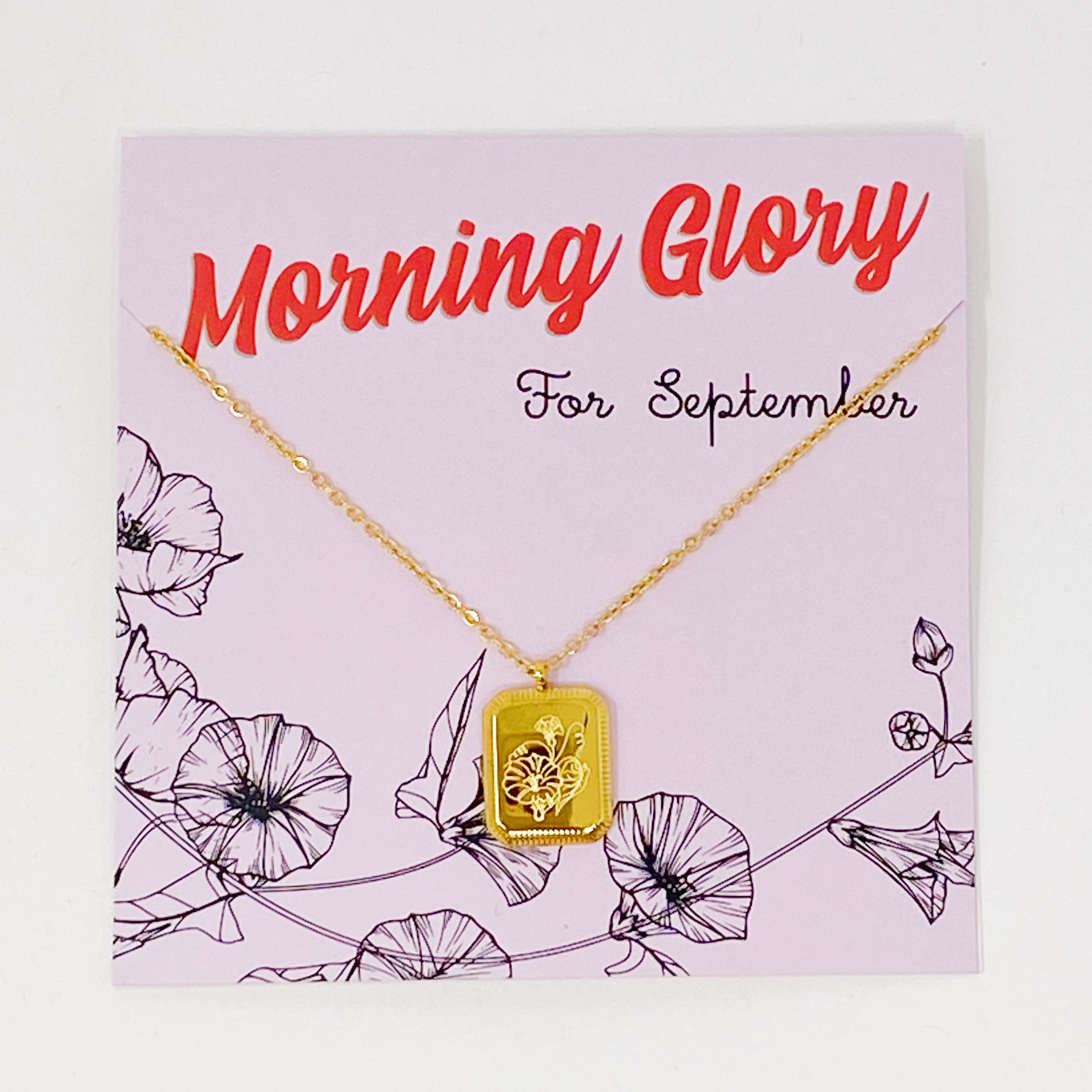 Blooming Birth Month Necklace featuring engraved flowers for each month, gold plated stainless steel with a square pendant and detailed edge finish.