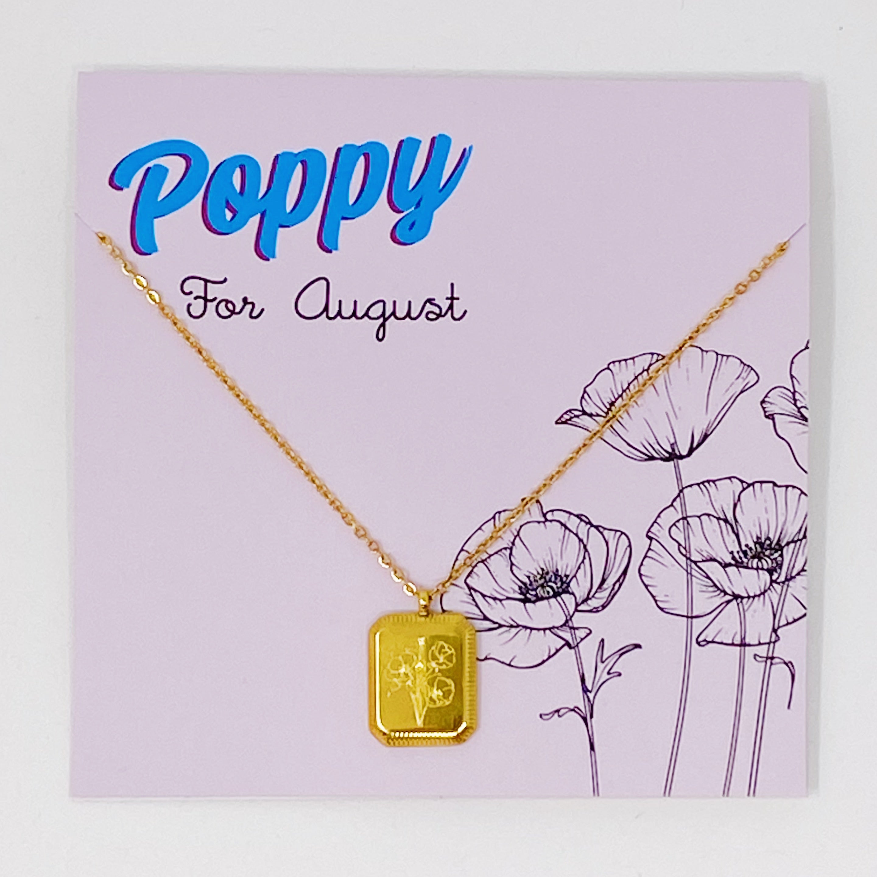 Blooming Birth Month Necklace featuring engraved flowers for each month, gold plated stainless steel with a square pendant and detailed edge finish.