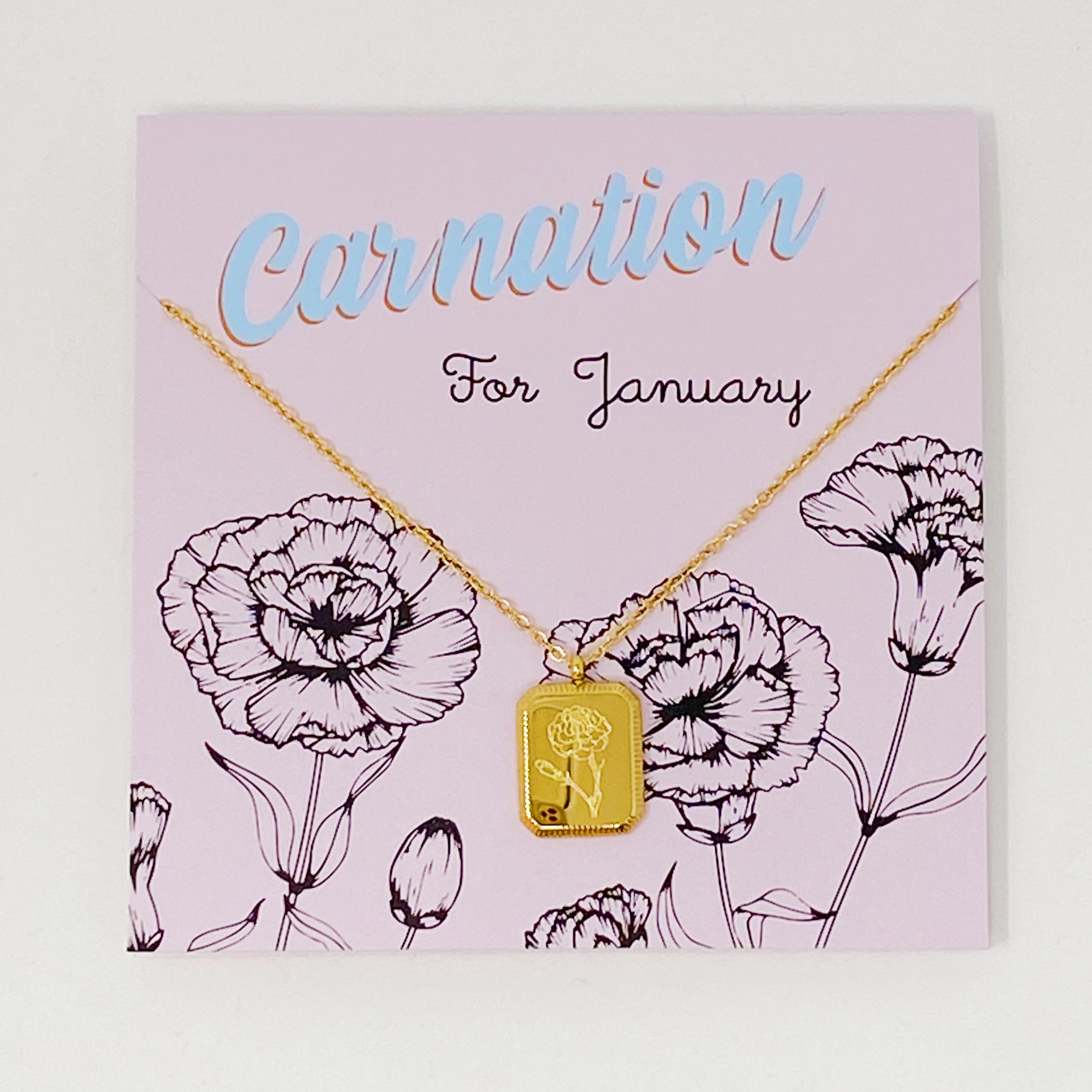 Blooming Birth Month Necklace featuring engraved flowers for each month, gold plated stainless steel with a square pendant and detailed edge finish.