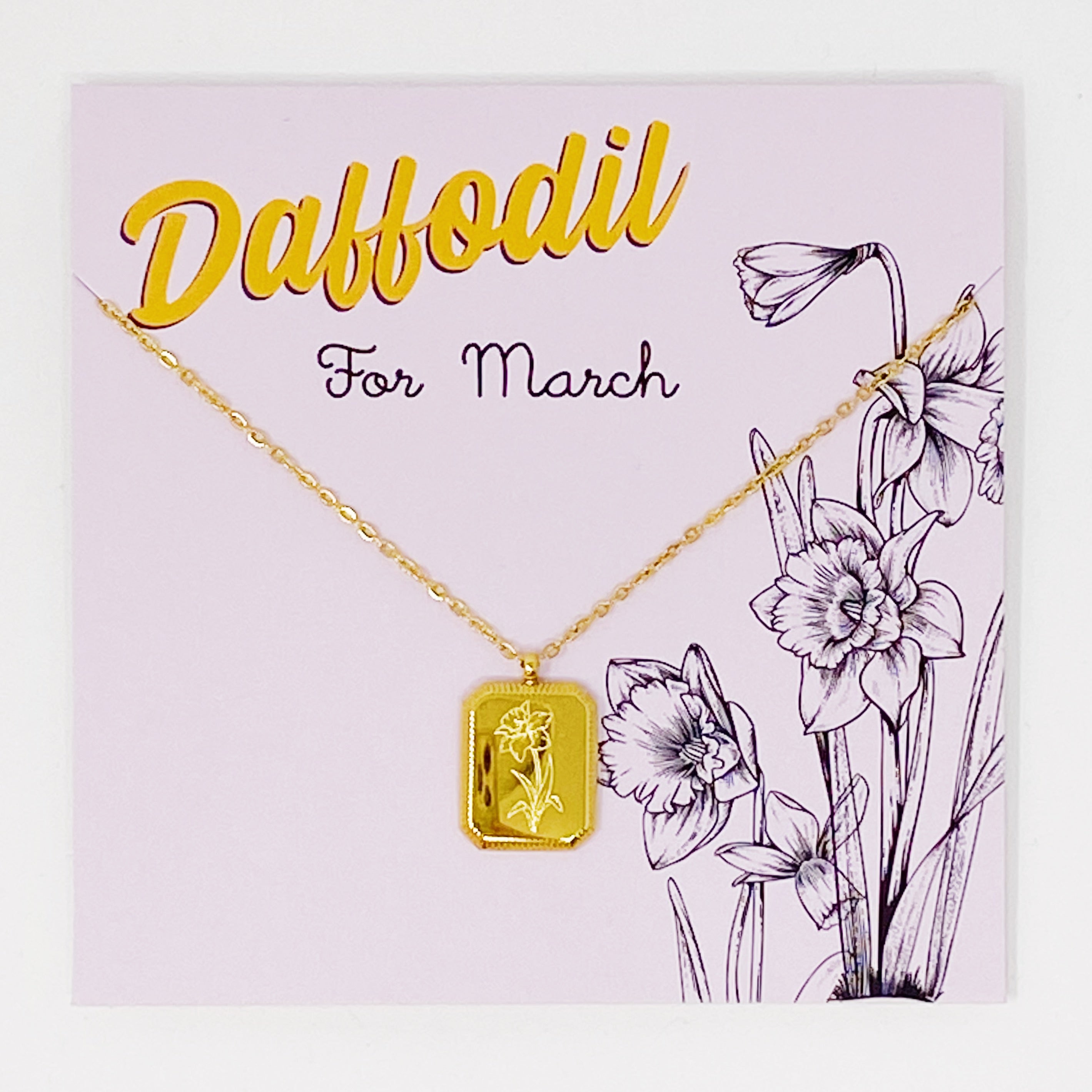 Blooming Birth Month Necklace featuring engraved flowers for each month, gold plated stainless steel with a square pendant and detailed edge finish.