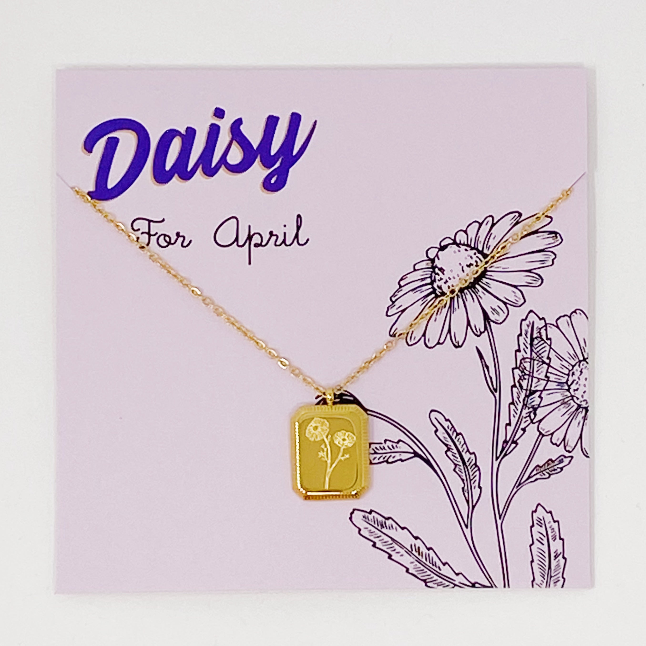 Blooming Birth Month Necklace featuring engraved flowers for each month, gold plated stainless steel with a square pendant and detailed edge finish.