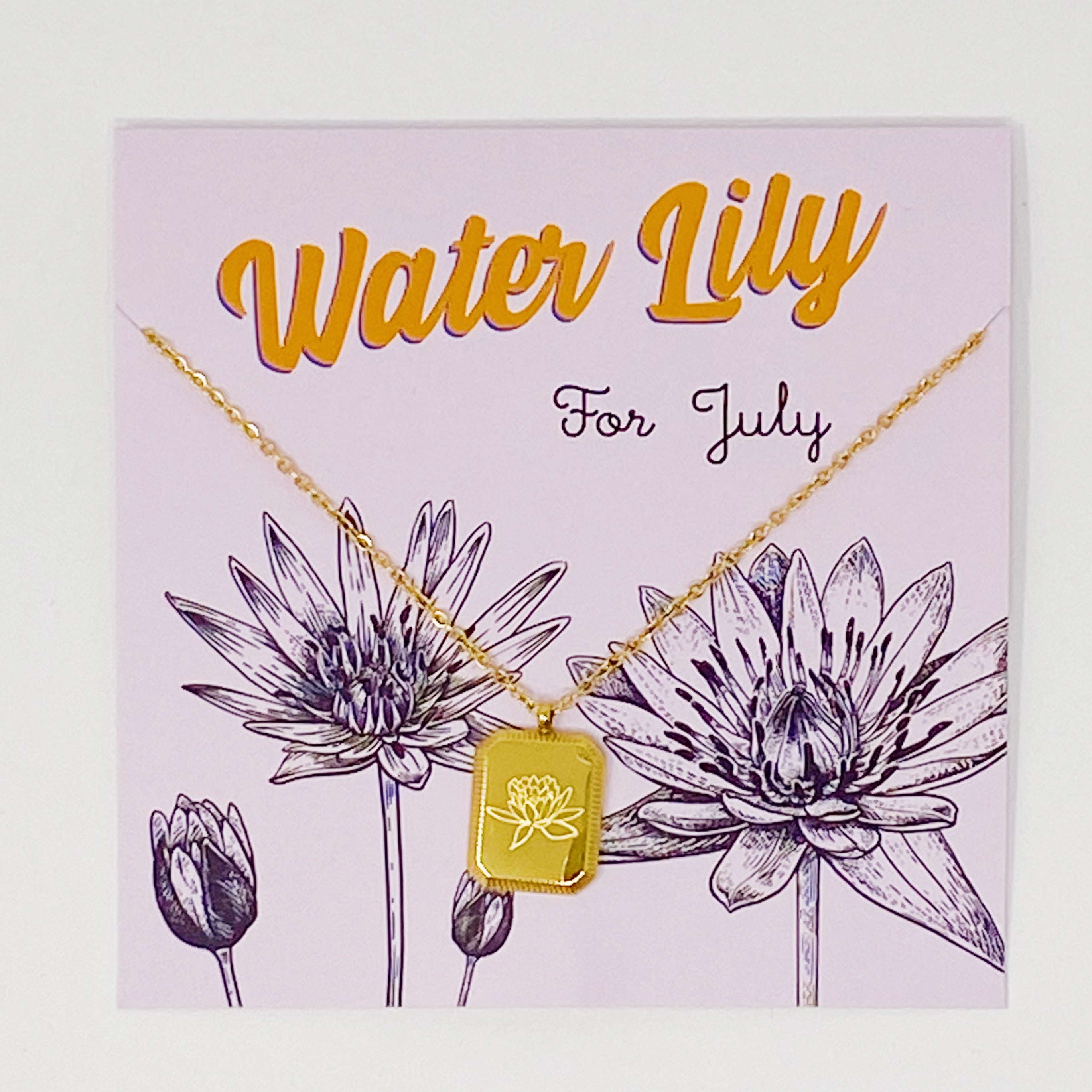 Blooming Birth Month Necklace featuring engraved flowers for each month, gold plated stainless steel with a square pendant and detailed edge finish.