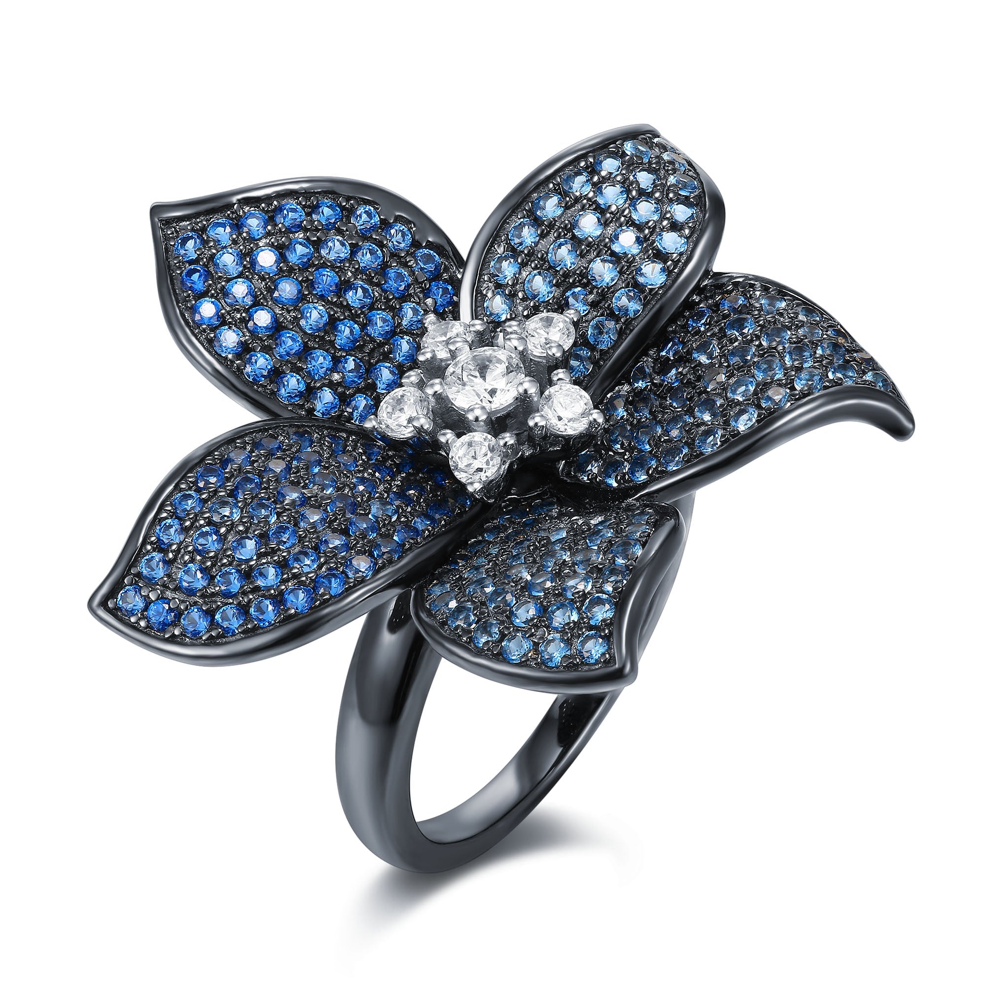 A delicate blooming flower ring made of 925 sterling silver with black plating, featuring white sapphire and blue spinel gemstones.