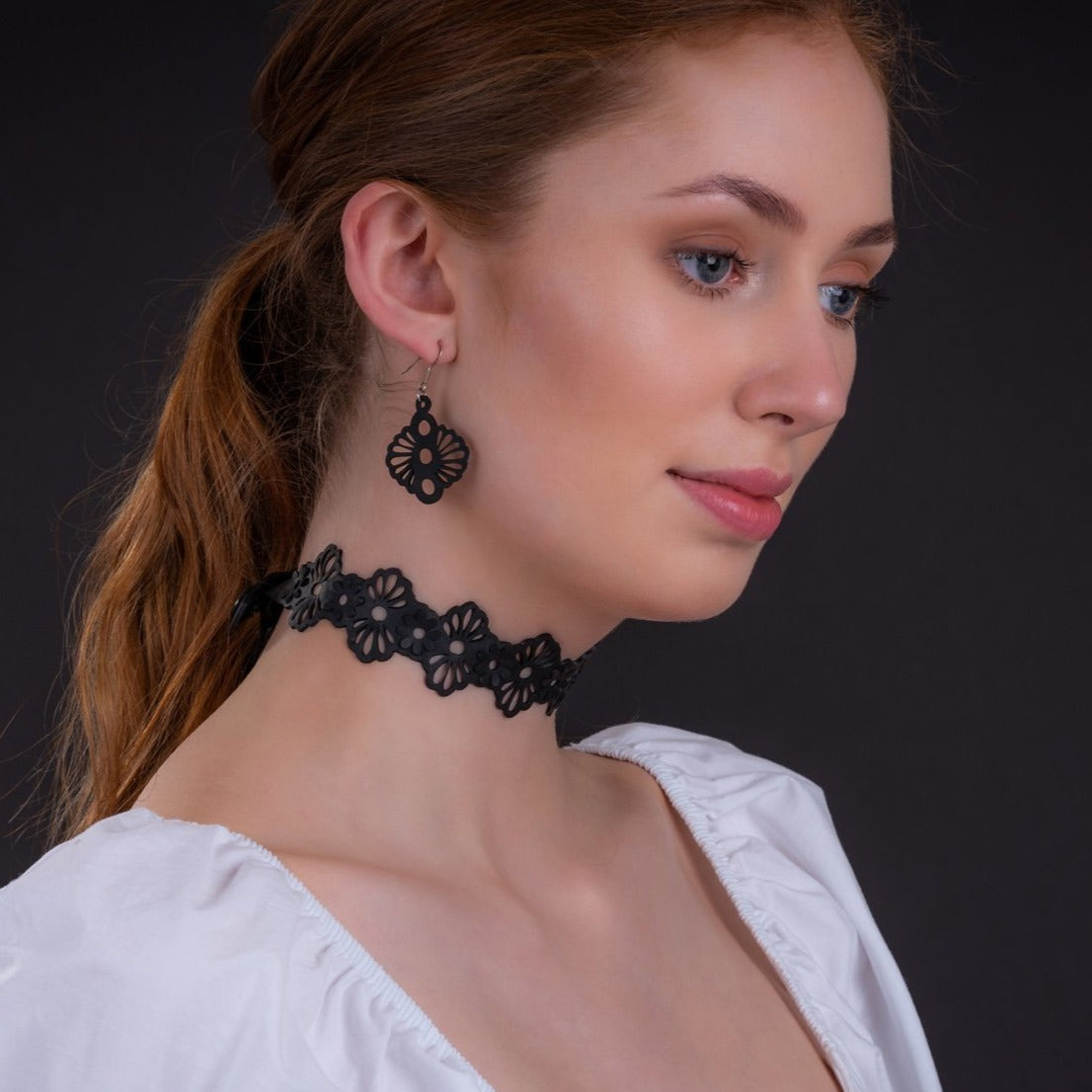 Blossom Victorian Flower Choker made from recycled rubber with a 3D flower design, showcasing its elegant vintage style.