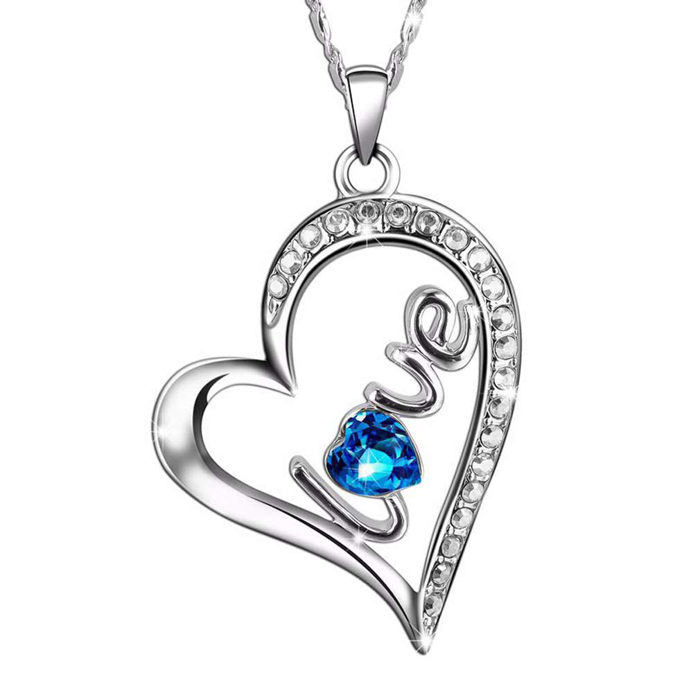 Elegant Blue Elements Classic Love Heart Necklace featuring 14K white gold plating and blue and white stones, displayed on a soft background.