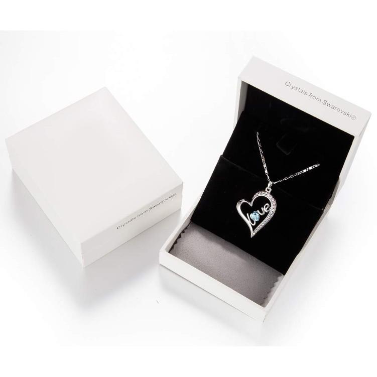 Blue Elements Pav'e Heart Shaped Necklace in 14K White Gold with a heart-shaped pendant and blue stones, elegantly displayed in a gift box.