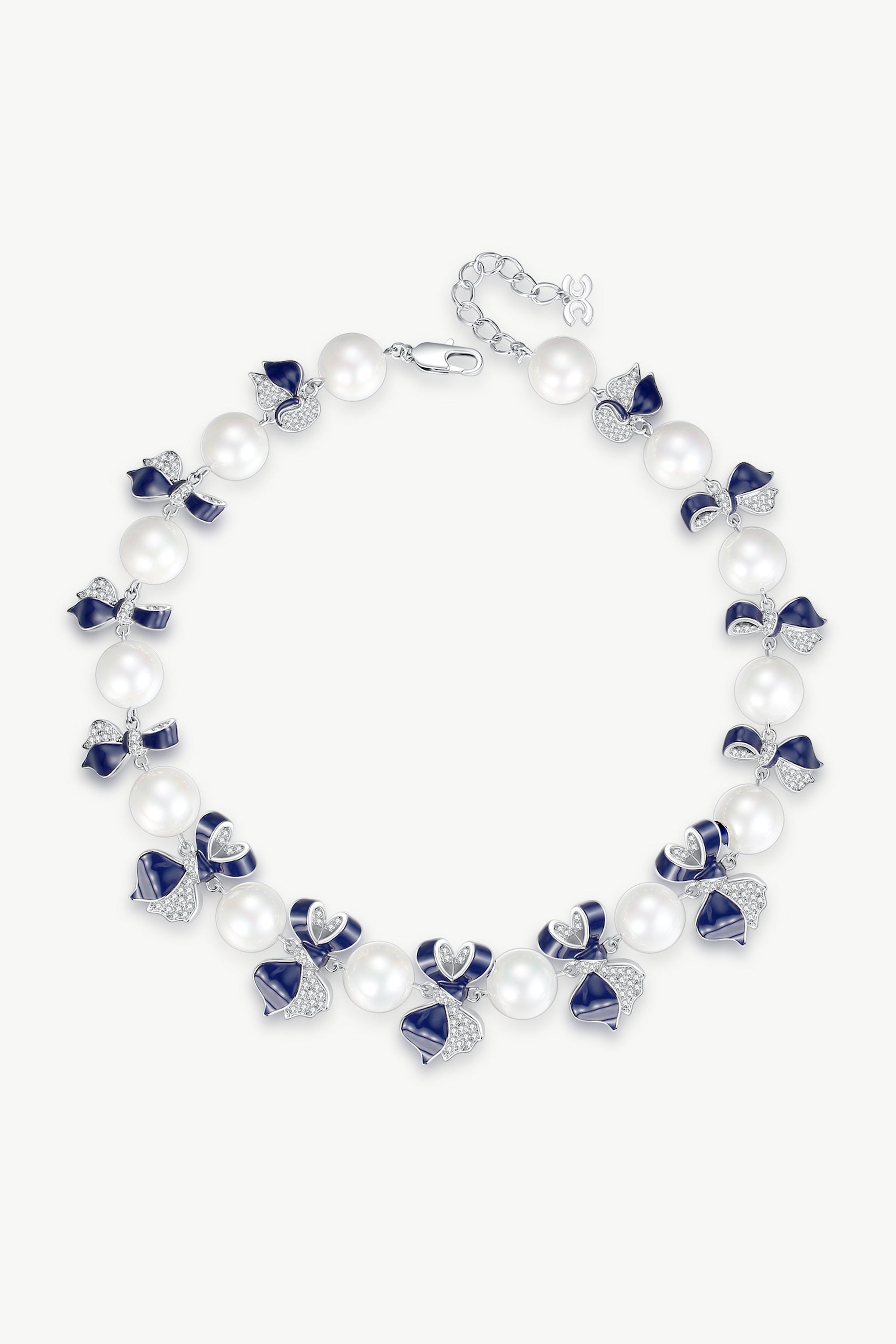 A stunning blue enamel butterfly necklace with rhinestones and shell pearls, elegantly designed for modern women.